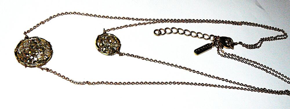 Pandora Gold Tone Necklace Double Strand Crystal Pendant Design 16-18" Retired